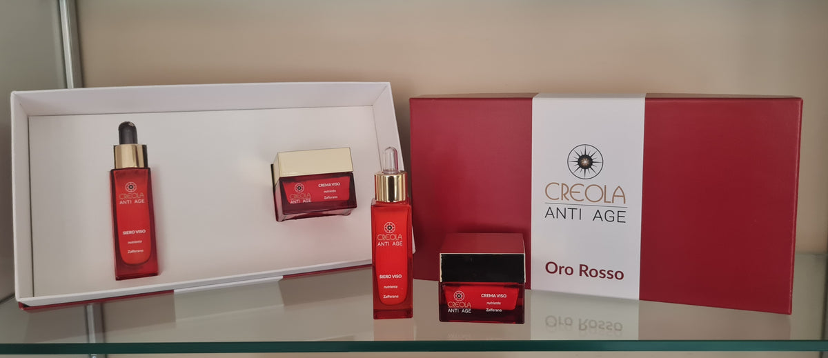 Kit “Oro Rosso” liftante, compattante allo zafferano: crema viso e siero viso